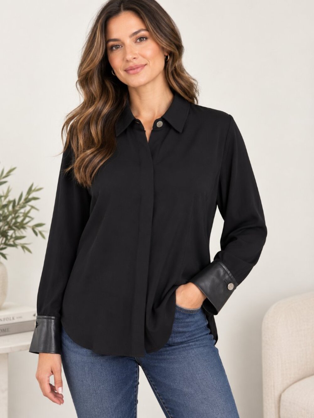 NIC+ZOE Trimmed Up Shirt Women’s XL Black Onyx Faux Leather Cuff Blouse NWT